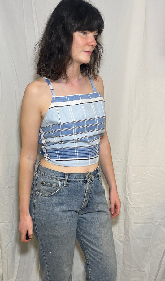 Handmade Blue Checked Cross Strap Tie Back Crop Top - Size 14