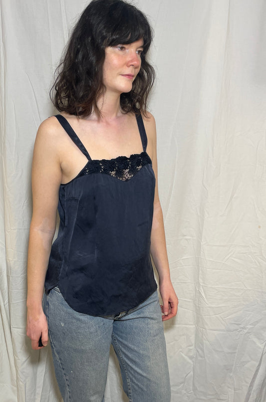 Vintage Y2k Navy Blue Lace Trim Silk Vest Top - Size 10