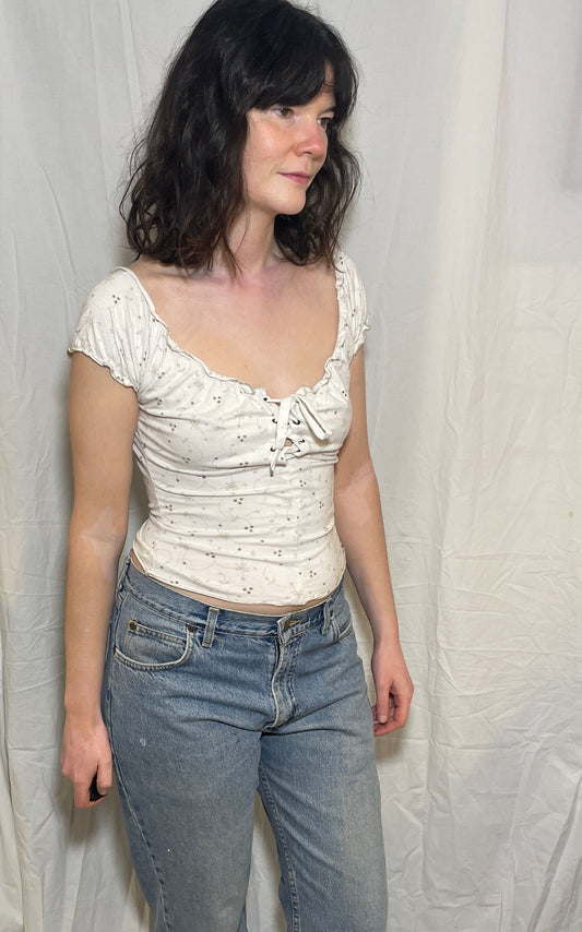 Vintage Y2k White Floral Print Lace Up Front Peasant Top - Size 10