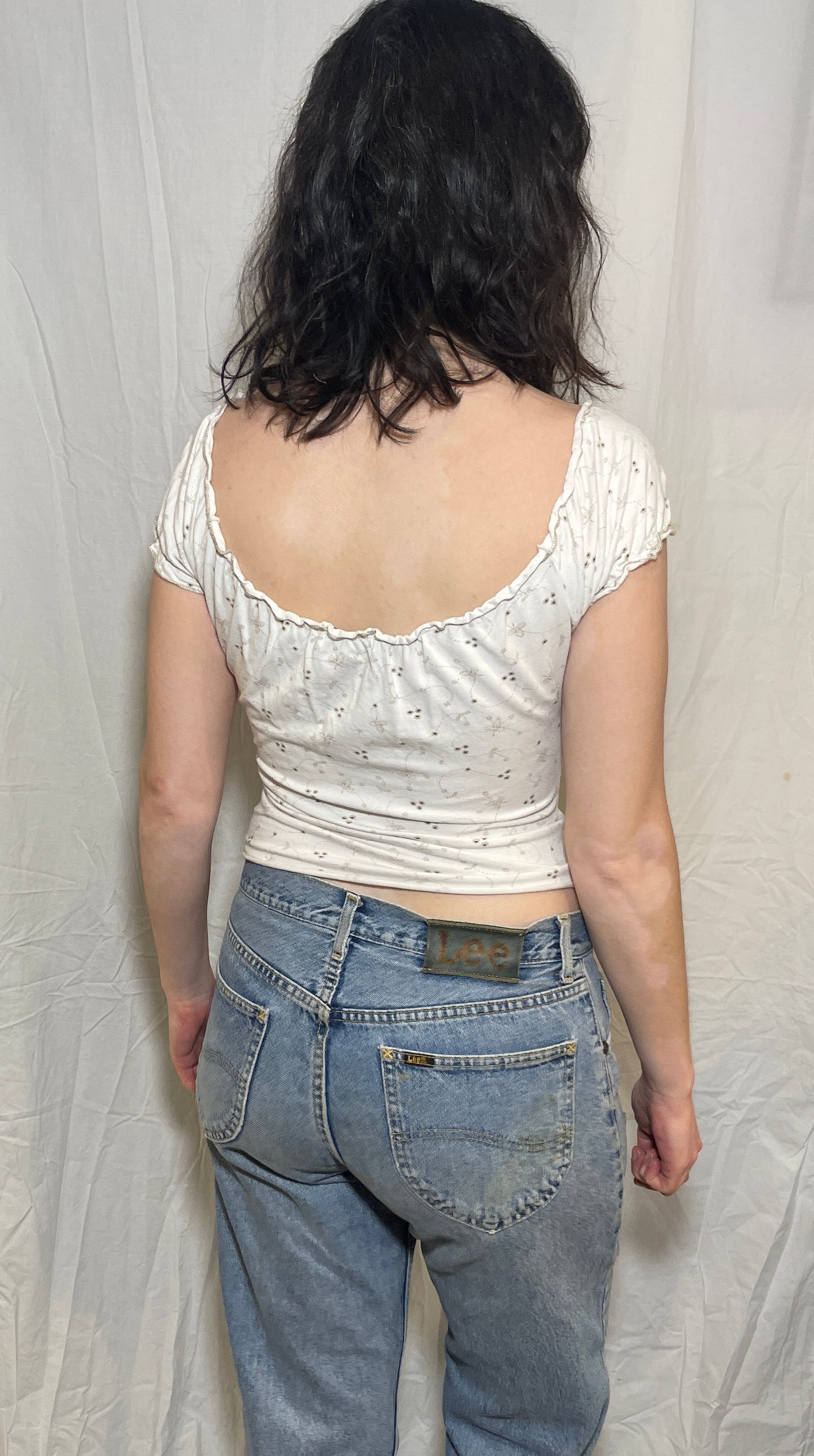 Vintage Y2k White Floral Print Lace Up Front Peasant Top - Size 10