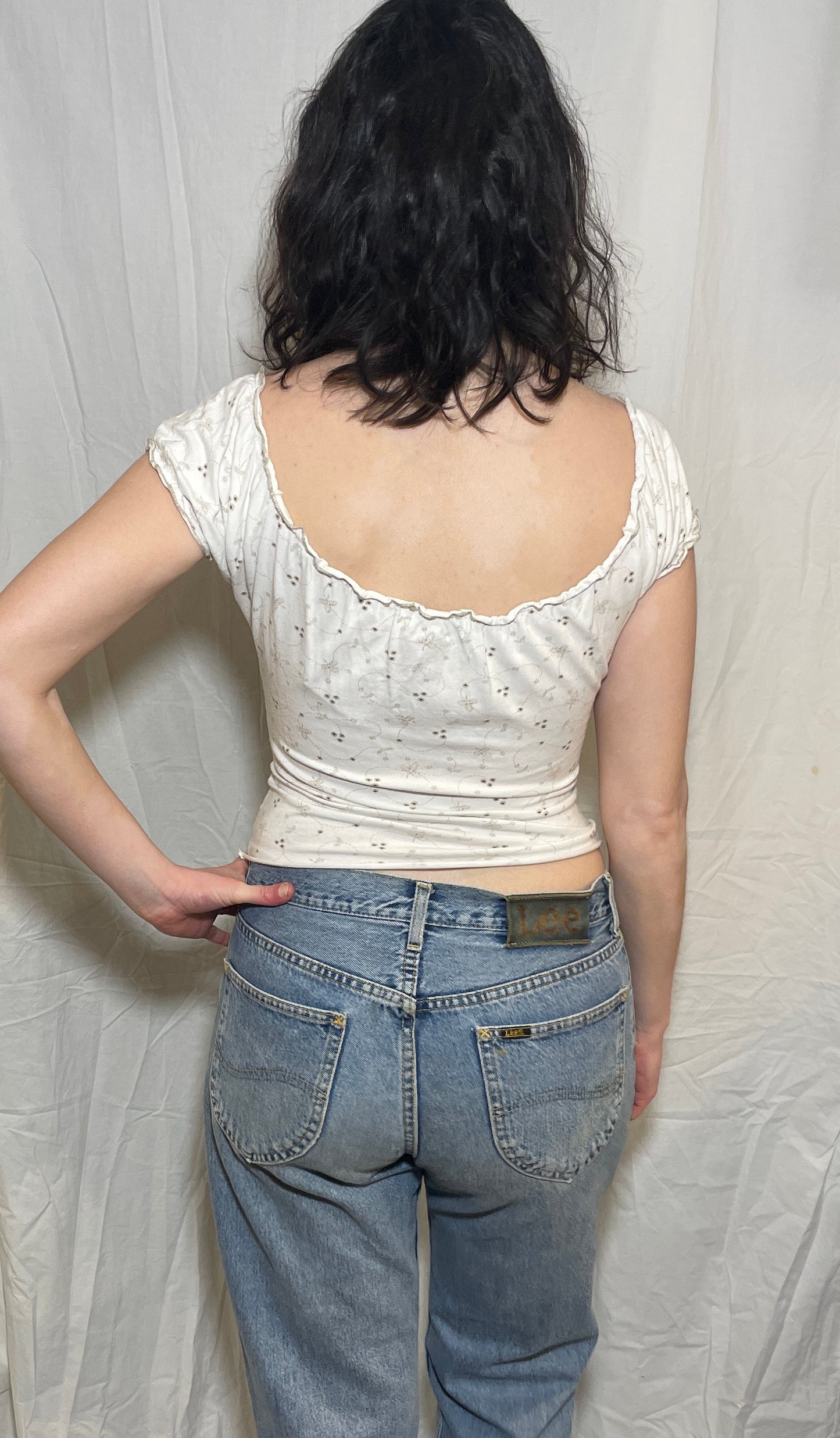 Vintage Y2k White Floral Print Lace Up Front Peasant Top - Size 10
