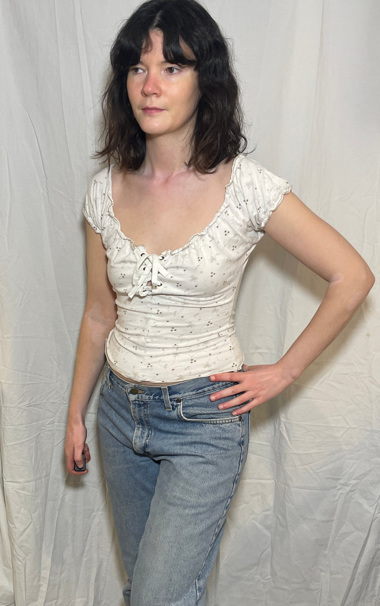 Vintage Y2k White Floral Print Lace Up Front Peasant Top - Size 10