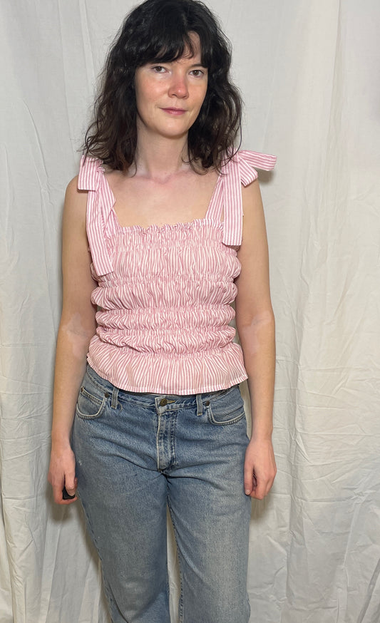 Handmade Pink Striped Cotton Shirred Tie Shoulder Crop Top - Size 10