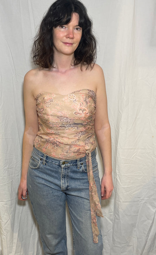 Vintage 90s Pink Floral Ruched Silk Corset Top - Size 12