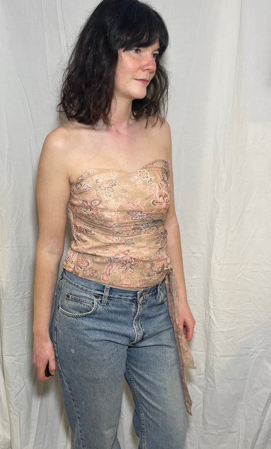 Vintage 90s Pink Floral Ruched Silk Corset Top - Size 12