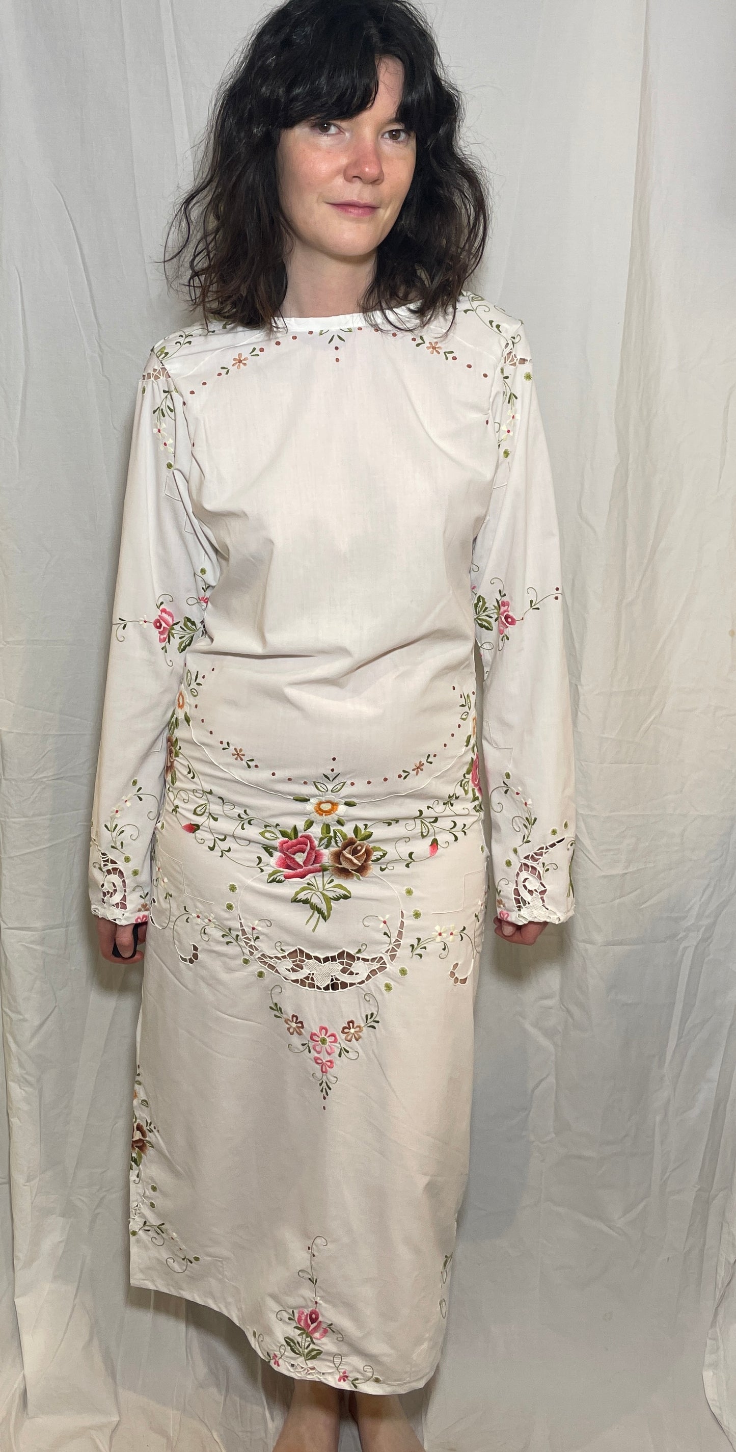 Handmade White Cotton Bias Cut Tie Back Maxi Dress with Floral Embroidery - Size 12