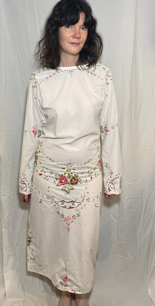 Handmade White Cotton Bias Cut Tie Back Maxi Dress with Floral Embroidery - Size 12