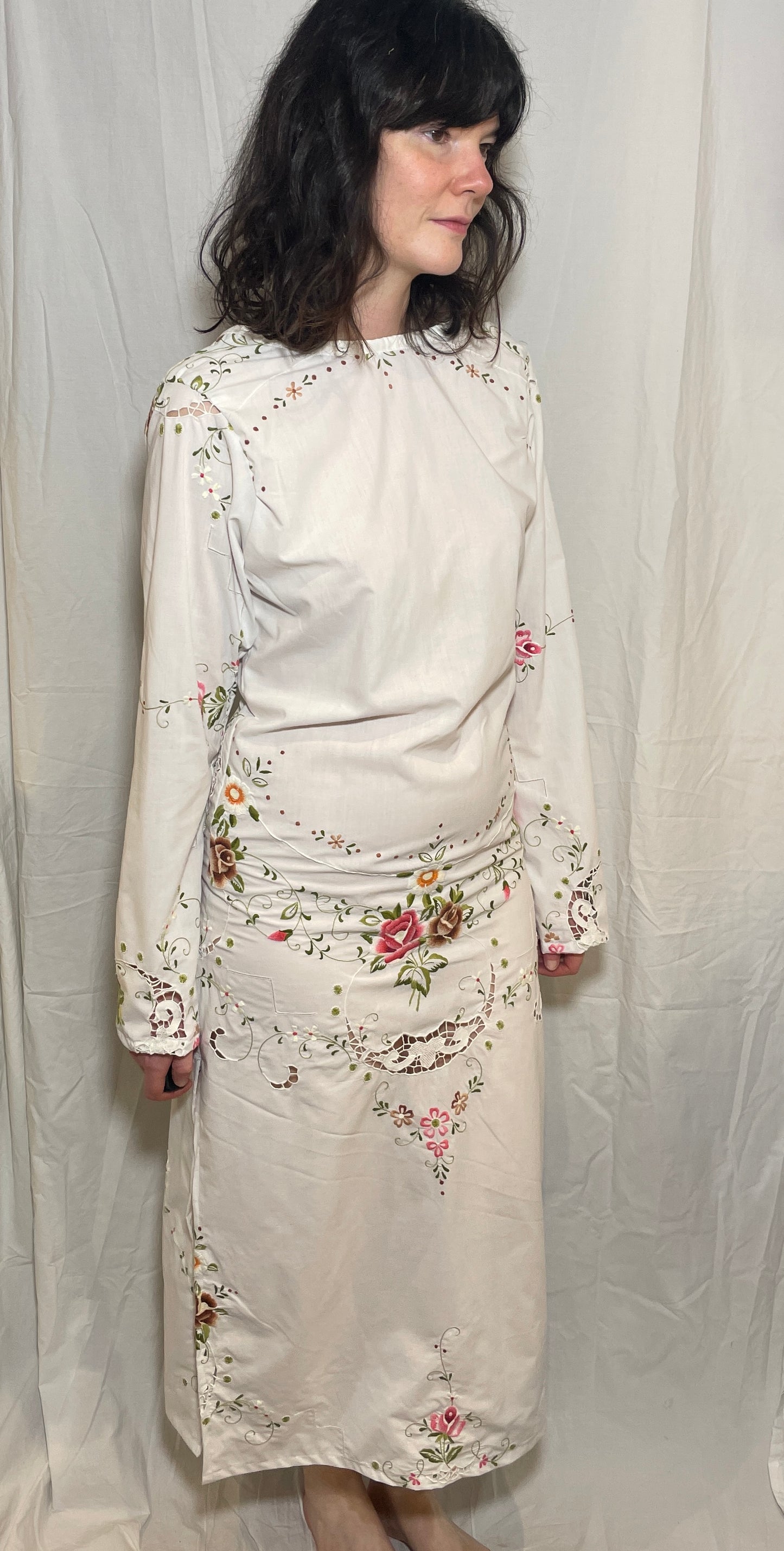 Handmade White Cotton Bias Cut Tie Back Maxi Dress with Floral Embroidery - Size 12