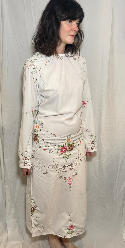 Handmade White Cotton Bias Cut Tie Back Maxi Dress with Floral Embroidery - Size 12