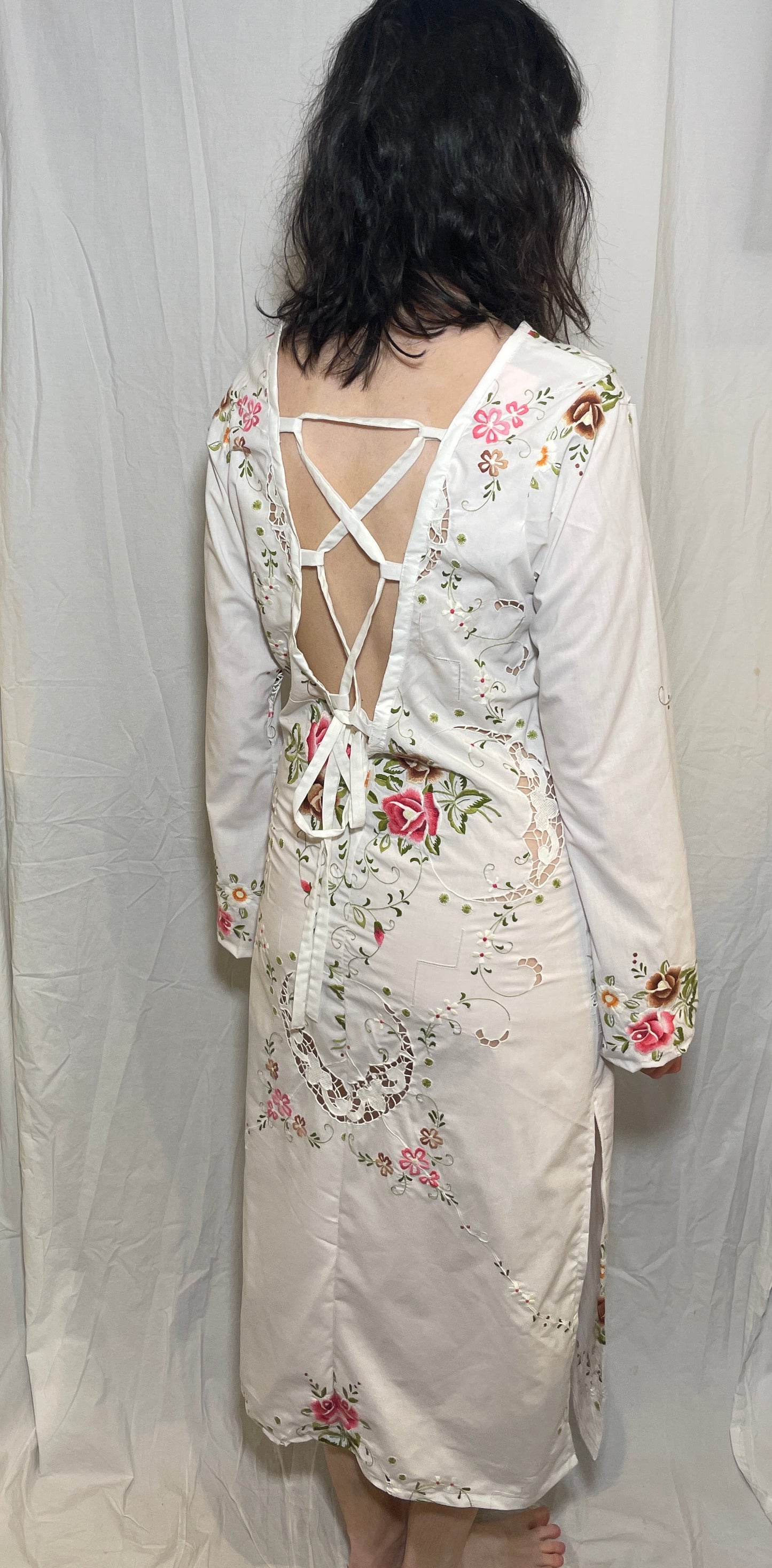Handmade White Cotton Bias Cut Tie Back Maxi Dress with Floral Embroidery - Size 12