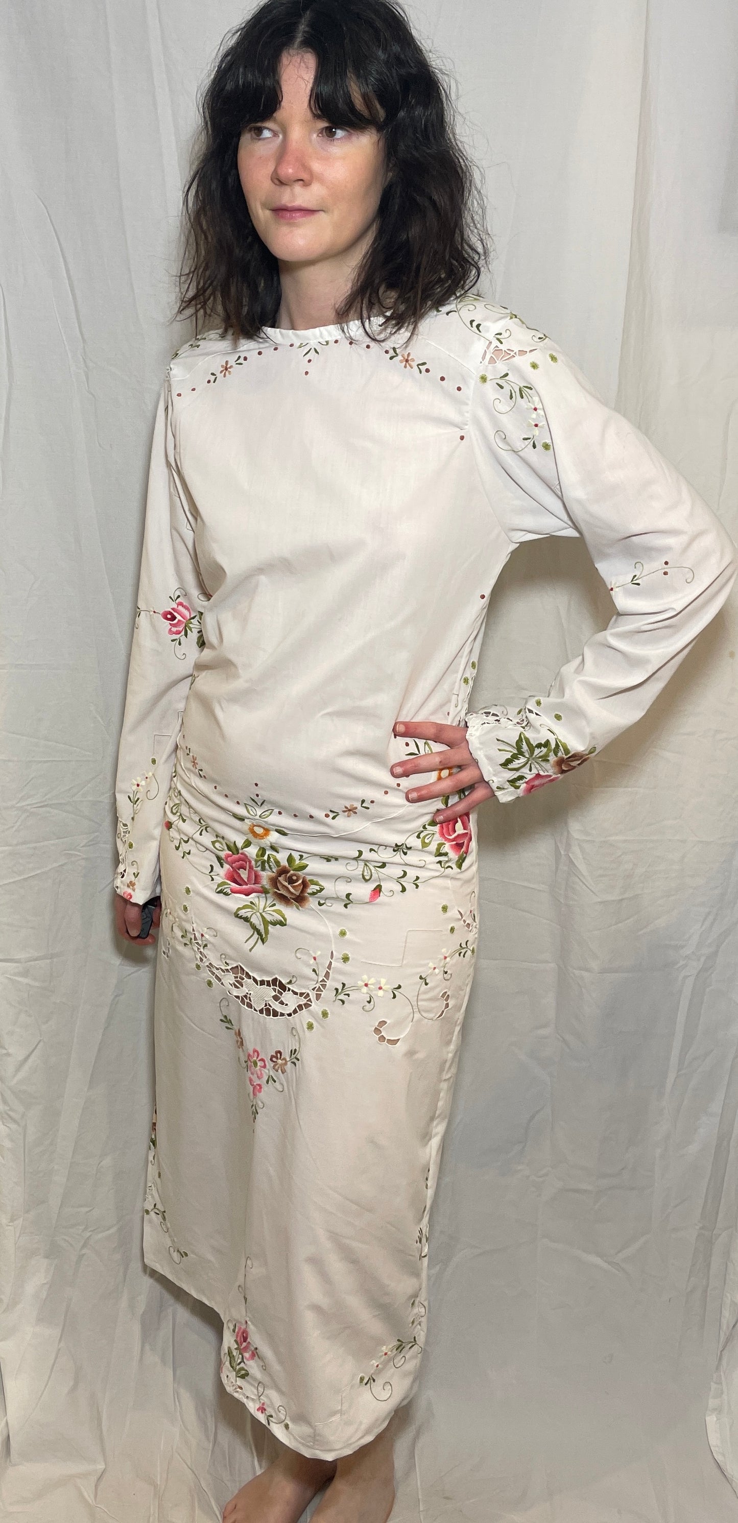 Handmade White Cotton Bias Cut Tie Back Maxi Dress with Floral Embroidery - Size 12