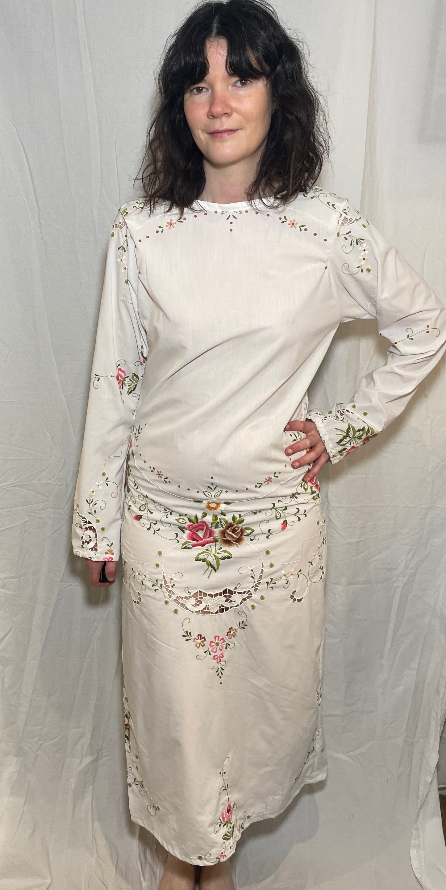 Handmade White Cotton Bias Cut Tie Back Maxi Dress with Floral Embroidery - Size 12