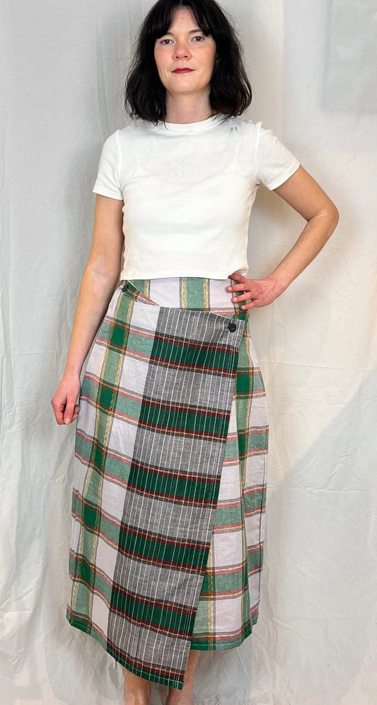 Carly Handmade Green Linen Checked Asymmetric Maxi Skirt - Size 10