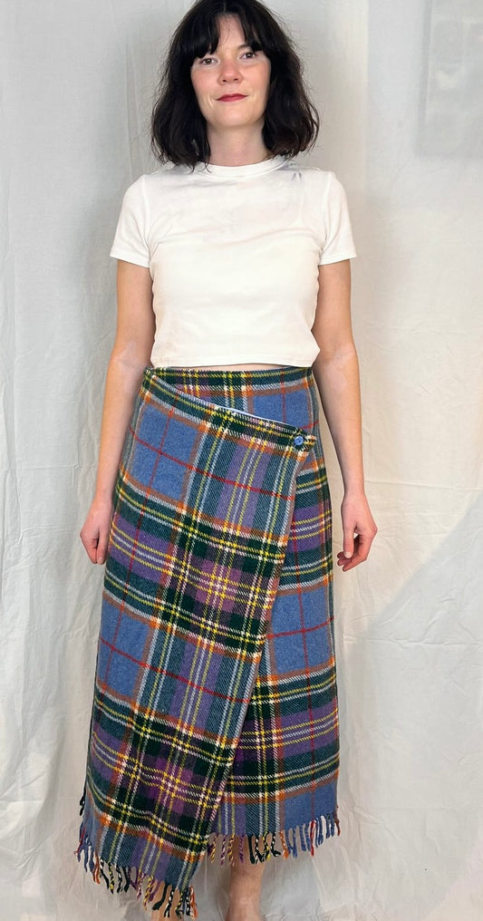 Carly Handmade Blue Wool Checked Asymmetric Maxi Skirt - Size 12